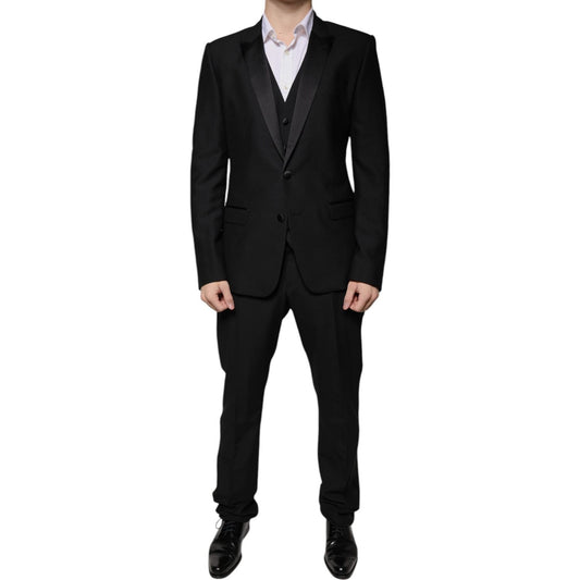 Dolce & Gabbana Black Wool 3 Piece Slim Fit Formal Suit Dolce & Gabbana Black