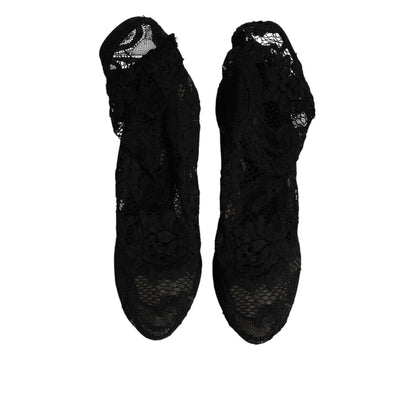 Dolce & Gabbana Black Lace Stretch Heels Mid Calf Boots Shoes
