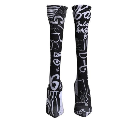 Dolce & Gabbana Black Logo Stretch Heels High Boots Shoes