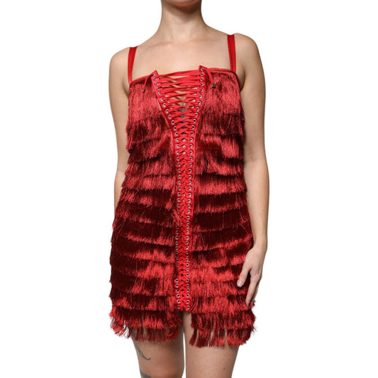 Dolce & GabbanaDolce & Gabbana Red Lace Tassel Sleeveless Sheath Mini Dress1728,67345645728,Dolce & Gabbana,Dresses - Women - Clothing,IT40|S,Material: 90% Nylon 10% Silk,New with tags,Red,Women