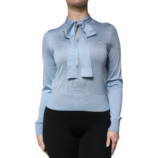 Dolce & GabbanaDolce & Gabbana Blue Silk Knit Pullover Ascot Collar Top1728,67345645728,Blue,Dolce & Gabbana,IT40|S,Material: 100% Silk,Preowned / Defect,Tops & T-Shirts - Women - Clothing,Women