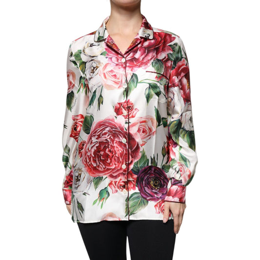 Dolce & GabbanaDolce & Gabbana White Peony Silk Long Sleeves Collared Blouse Top1728,67345645728,Dolce & Gabbana,IT38 | XS,Material: 100% Silk,New with tags,Tops & T-Shirts - Women - Clothing,White,Women