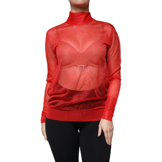 Dolce & GabbanaDolce & Gabbana Red Mesh Turtleneck Long Sleeve Blouse Top1728,67345645728,Dolce & Gabbana,IT40|S,Material: 100% Polyester,Preowned / Defect,Red,Tops & T-Shirts - Women - Clothing,Women