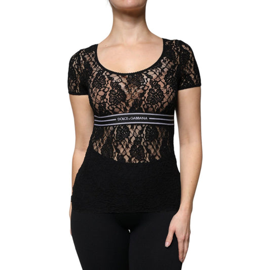 Dolce & GabbanaDolce & Gabbana Black Logo Stripe Lace Short Sleeves Top1728,67345645728,Black,Dolce & Gabbana,IT38 | XS,Material: 100% Nylon,New with tags,Tops & T-Shirts - Women - Clothing,Women