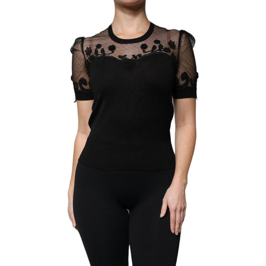 Dolce & Gabbana Black Floral Lace Short Sleeves Blouse Top Dolce & Gabbana