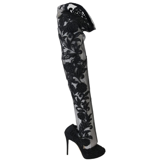 Dolce & Gabbana Black Floral Embroidered Socks Boots Dolce & Gabbana
