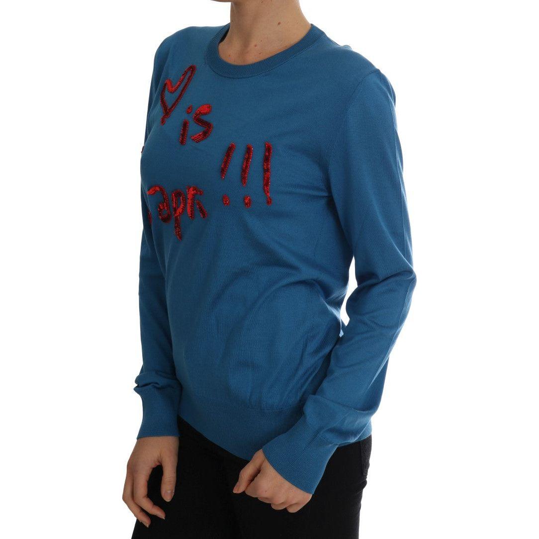 Dolce & Gabbana Blue Silk Love is Pullover Sweater Dolce & Gabbana
