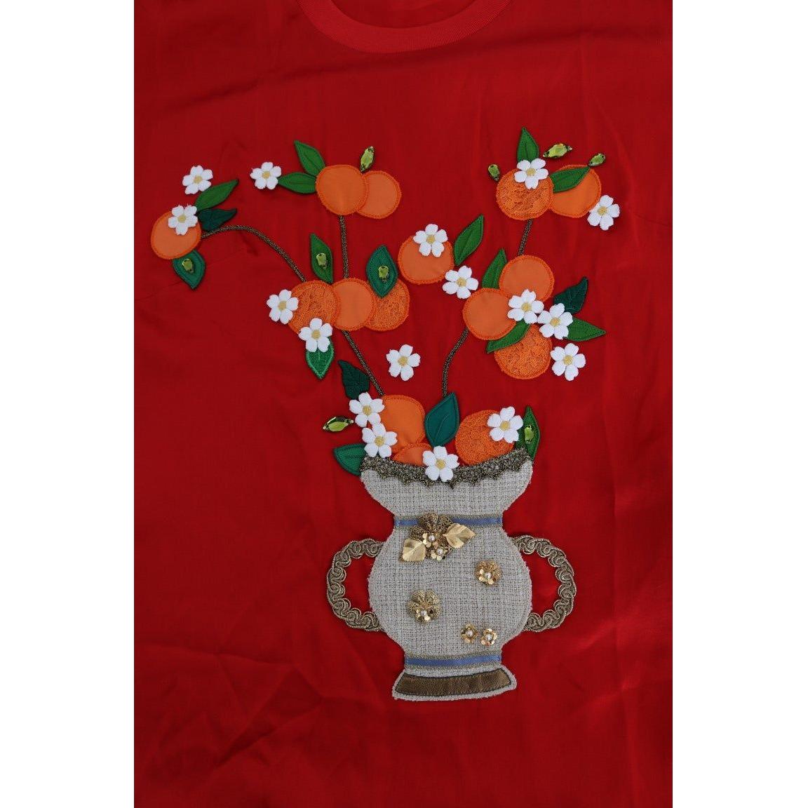 Dolce & Gabbana Red Silk Orange Vase Crystal Top Dolce & Gabbana