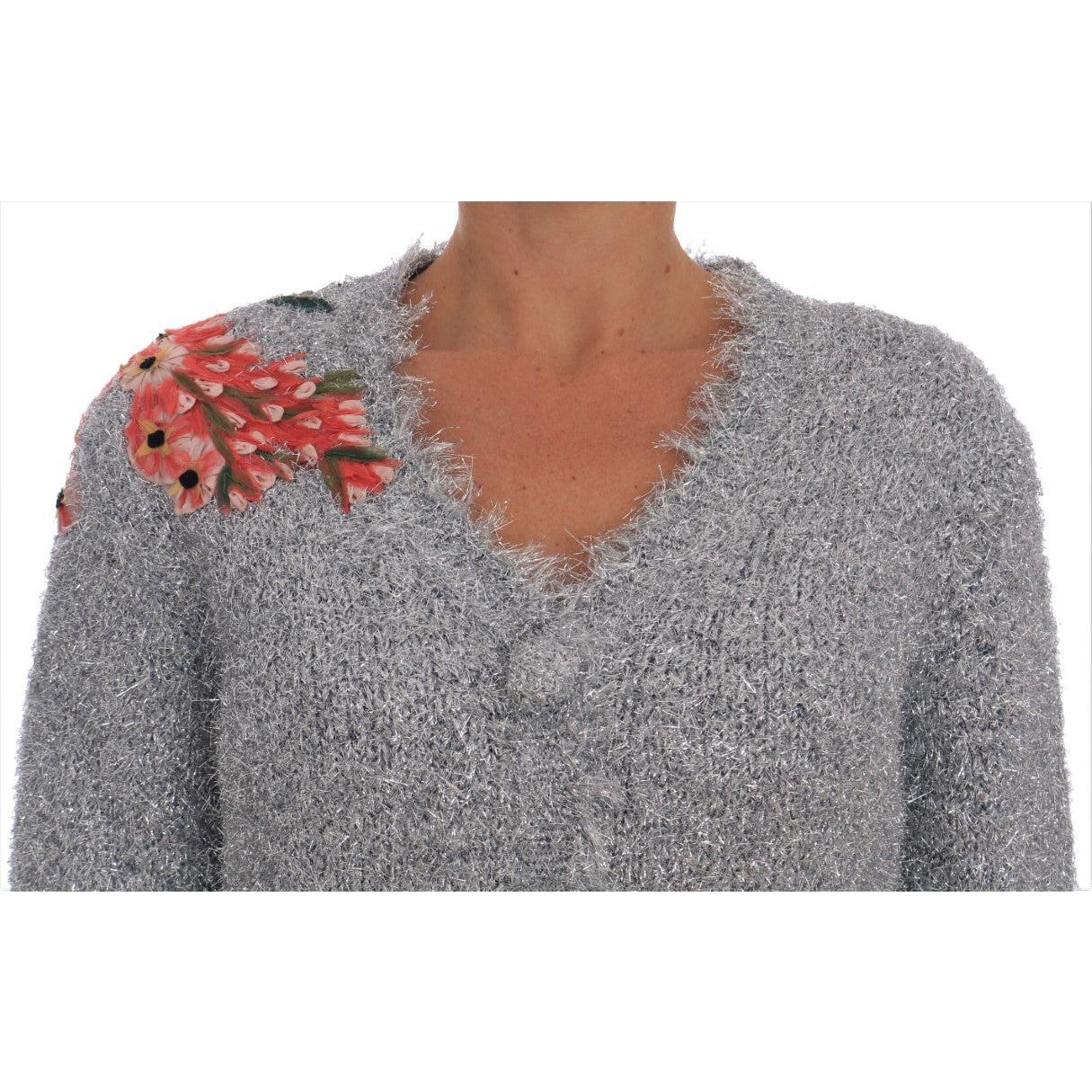 Dolce & Gabbana Silver Cardigan Floral Applique Sweater Dolce & Gabbana