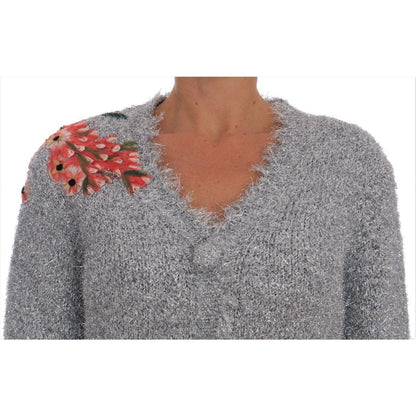 Dolce & Gabbana Silver Cardigan Floral Applique Sweater Dolce & Gabbana