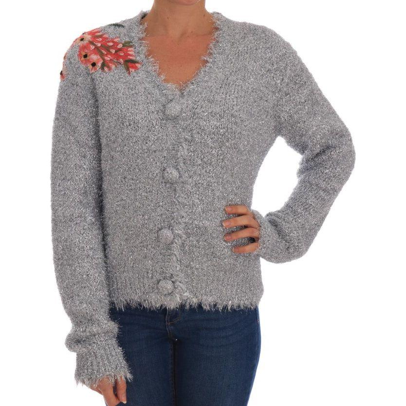 Dolce & Gabbana Silver Cardigan Floral Applique Sweater Dolce & Gabbana