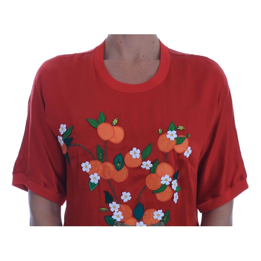 Dolce & Gabbana Red Silk Oranges Floral Crystal Blouse Dolce & Gabbana