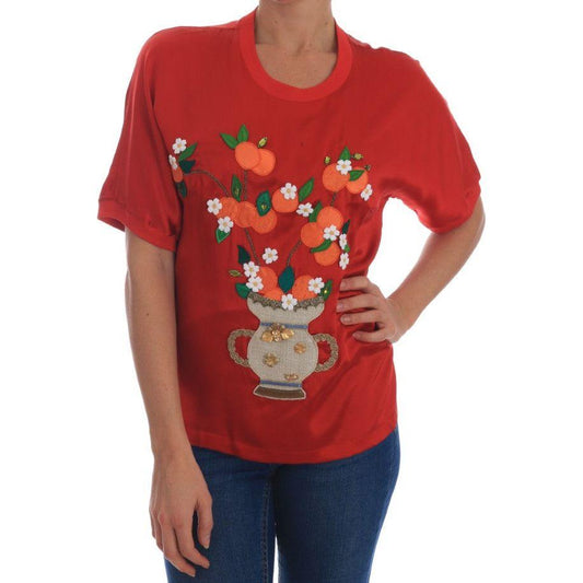 Dolce & Gabbana Red Silk Oranges Floral Crystal Blouse Dolce & Gabbana