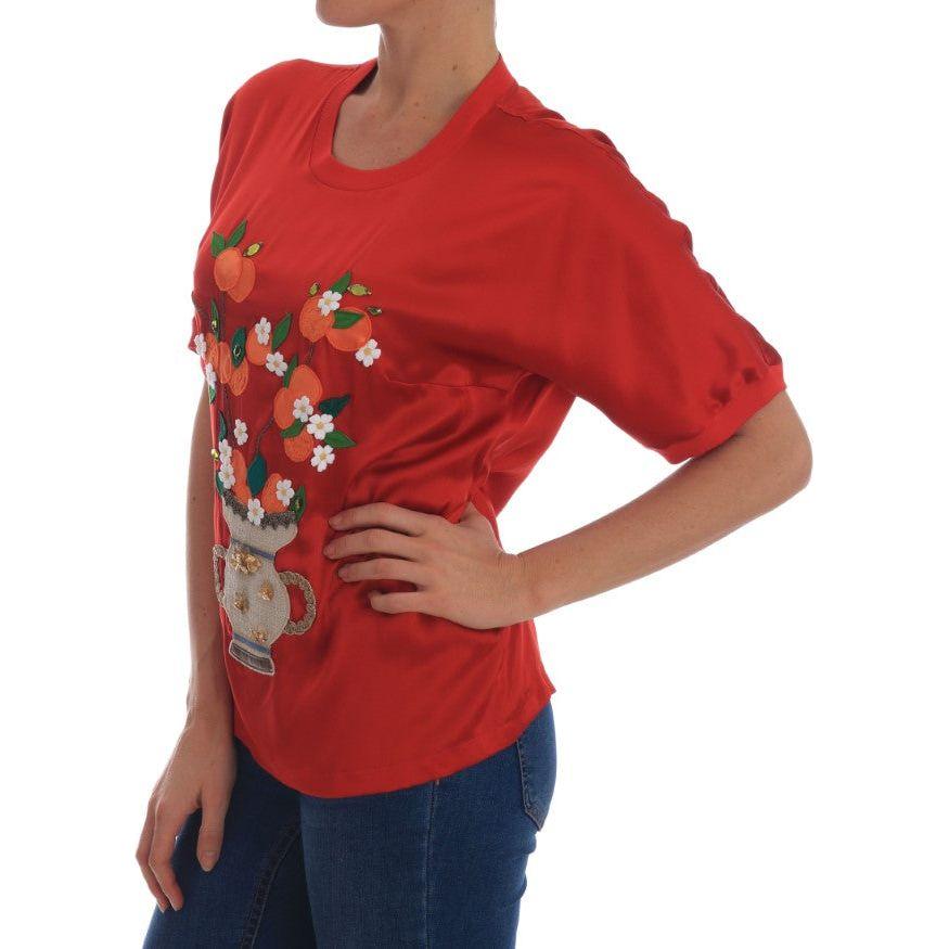 Dolce & Gabbana Red Silk Oranges Floral Crystal Blouse Dolce & Gabbana