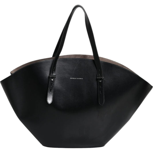 Brunello Cucinelli Black Leather Logo Shoulder Strap Shopping Tote Bag