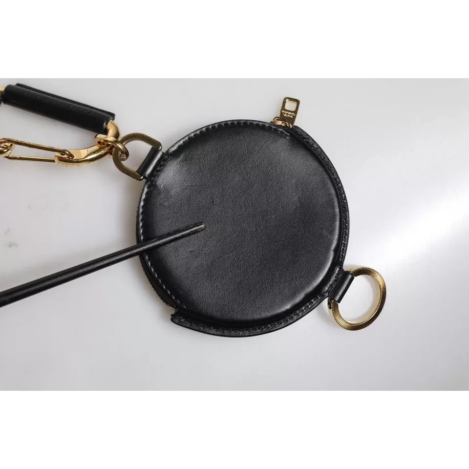Dolce & Gabbana Black Round Leather DG Logo Coin Purse Lanyard Wallet