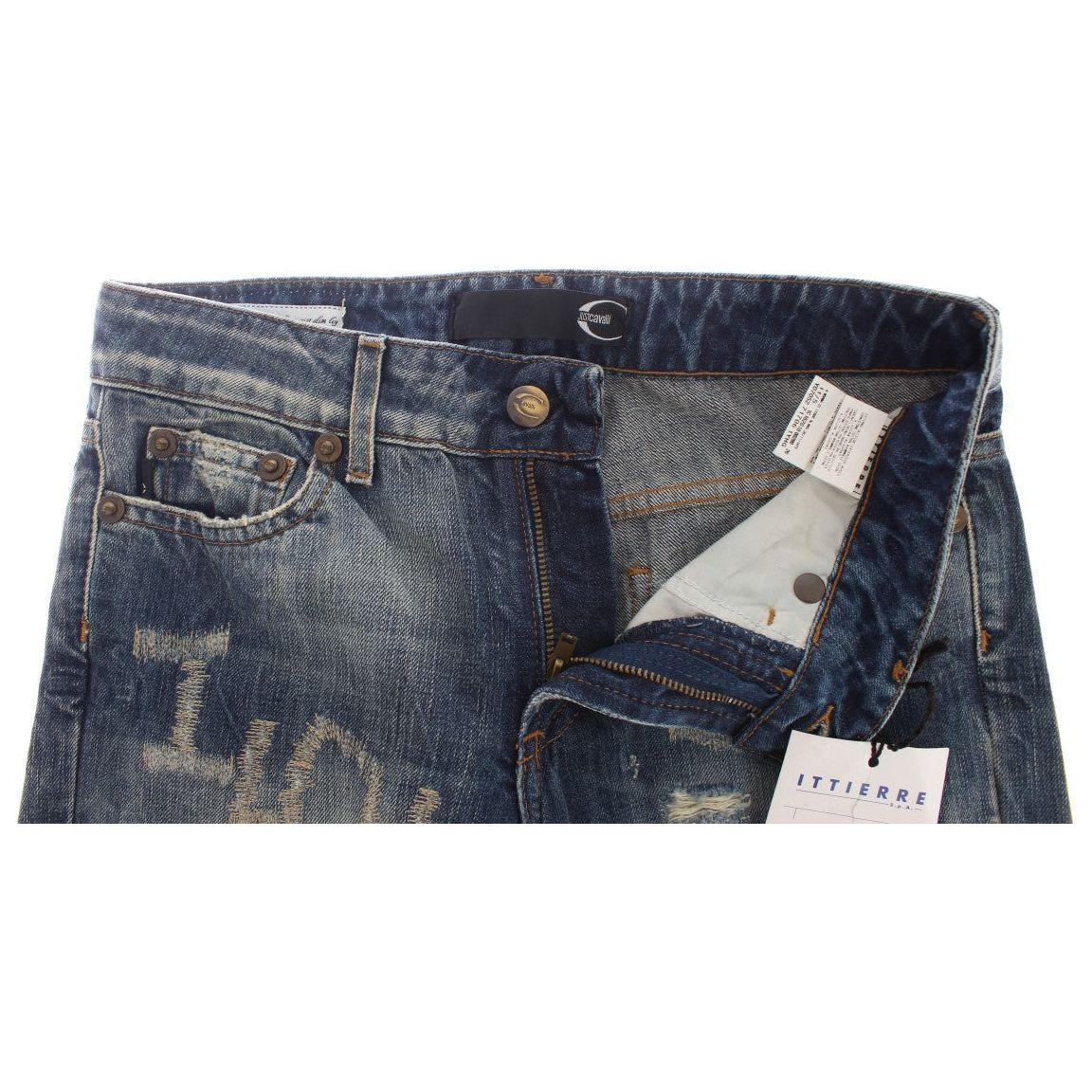 Cavalli Blue Wash Torn Cotton Straight Fit Jeans Cavalli