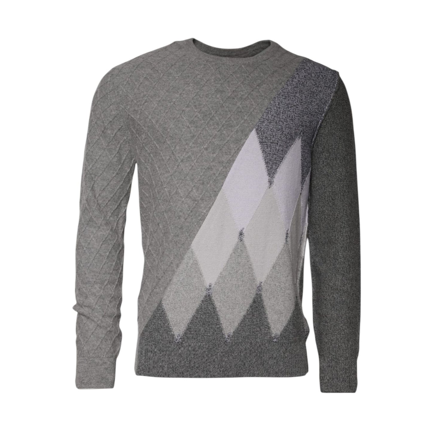Ballantyne Gray Cashmere Argyle Intarsia Knit Crew Neck Sweater