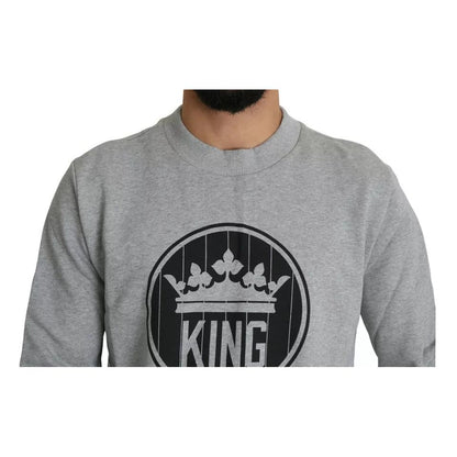 Dolce & Gabbana Gray Crown King Print Cotton Pullover Sweater
