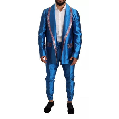 Dolce & Gabbana Blue Jacquard Silk Formal 2 Piece Set Suit