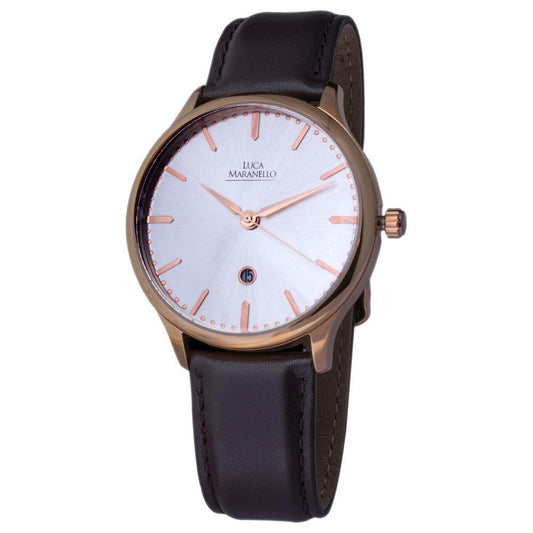 Luca Maranello brown leather watch with rose steel case, quartz mechanism, analog display, and mineral glass.