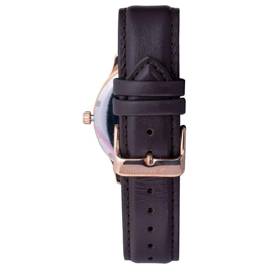 Brown leather watch strap of Luca Maranello watch with rose gold steel case backing, quartz mechanism, mineral glass, 44mm diameter