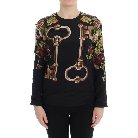 Dolce & Gabbana Black Key Floral Print Silk Blouse Top Dolce & Gabbana