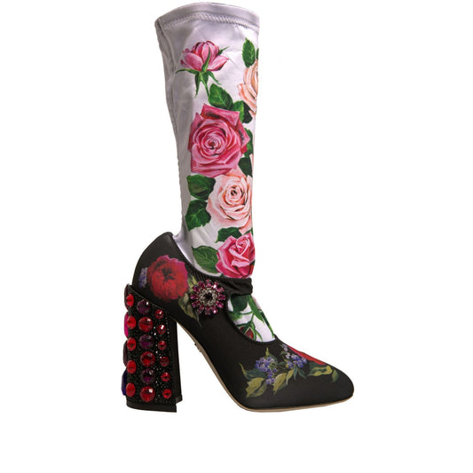 Dolce & Gabbana Black Floral Socks Crystal Boots Jersey Shoes Dolce & Gabbana