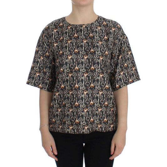 Dolce & Gabbana Gray Gold Key Print Silk Blouse T-shirt Dolce & Gabbana