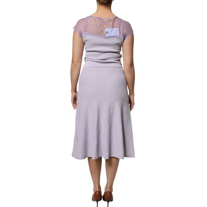 Blumarine Purple Short Sleeves Floral Lace Trim A-line Midi Dress
