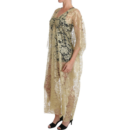 Dolce & Gabbana Gold Floral Lace Crystal Gown Cape Dress