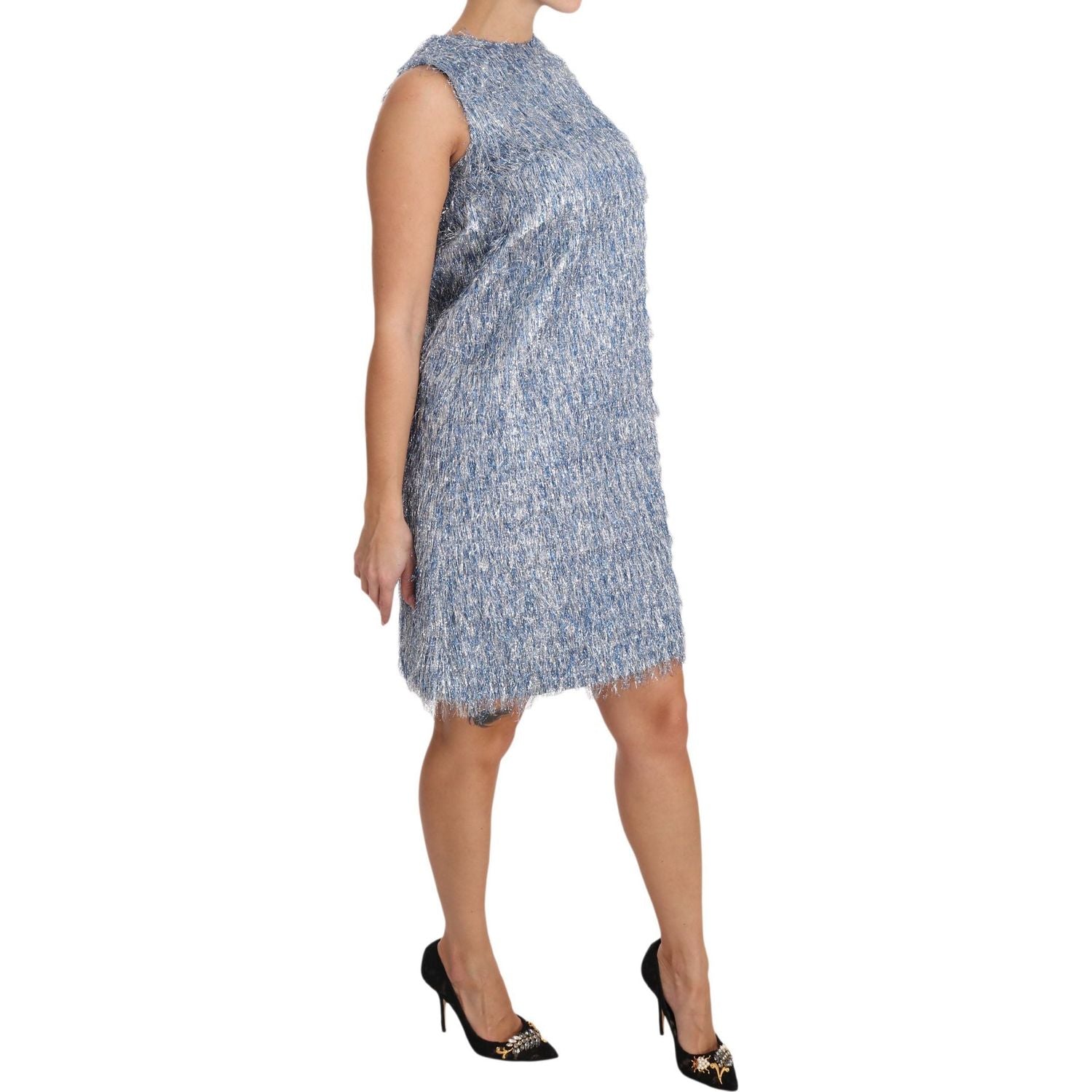 优雅浅蓝色流苏直筒连衣裙