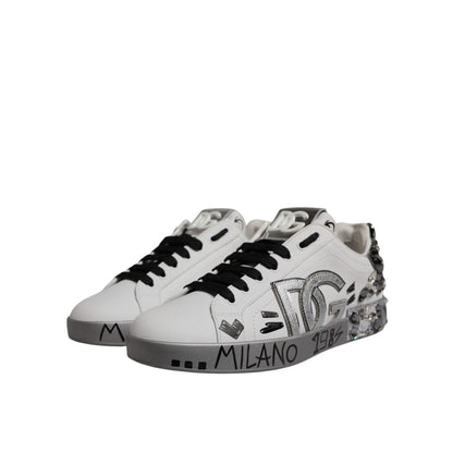 Dolce & Gabbana White Silver Crystal Logo Portofino Sneakers Shoes