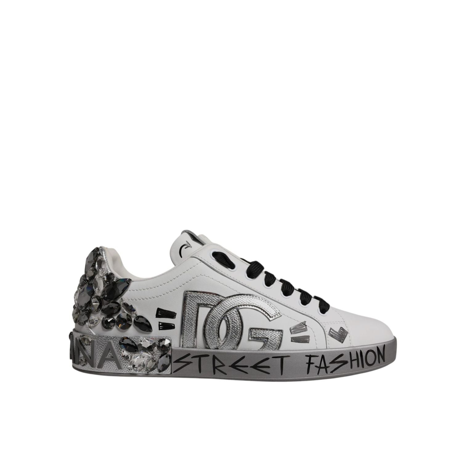 Dolce & Gabbana White Silver Crystal Logo Portofino Sneakers Shoes