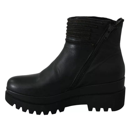 Ovyé Black Leather Zipper Ankle Boots Shoes