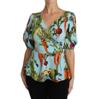 Dolce & Gabbana Multicolor Vegetable Print Silk Top Peplum Wrap Blouse 1728,67345645728,Clothing,Dolce & Gabbana,IT36 | XS,Material: 94% Silk 6% Spandex,Multicolor,New with tags,T-Shirts - Clothing,T-Shirts - T-Shirts - Clothing,Tops & T-Shirts - Women -