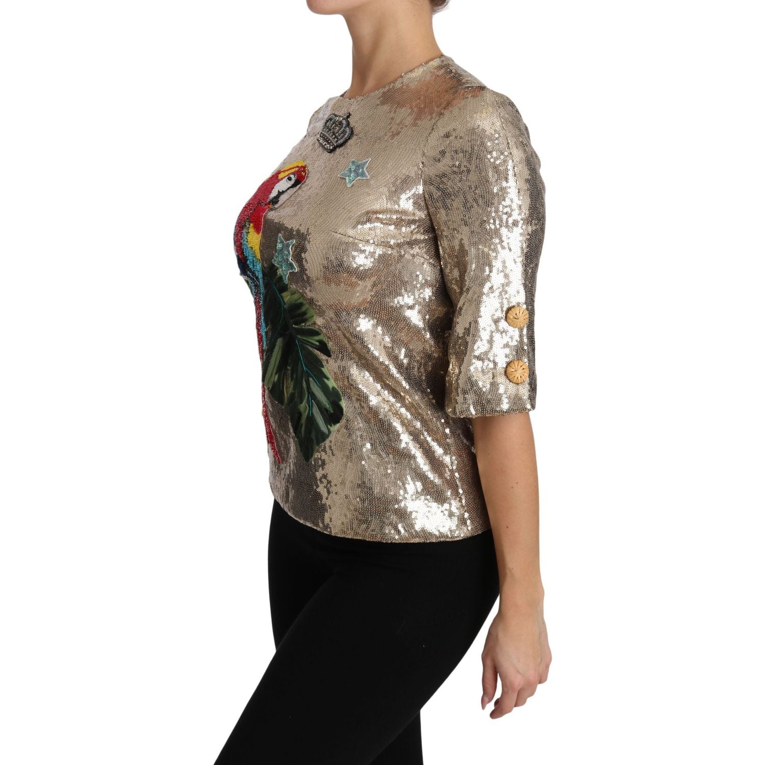 金色鹦鹉图案水晶圆领衬衫