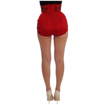 Dolce & Gabbana Red Silk Crystal Roses Shorts Dolce & Gabbana