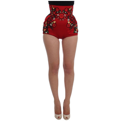 Dolce & Gabbana Red Silk Crystal Roses Shorts Dolce & Gabbana