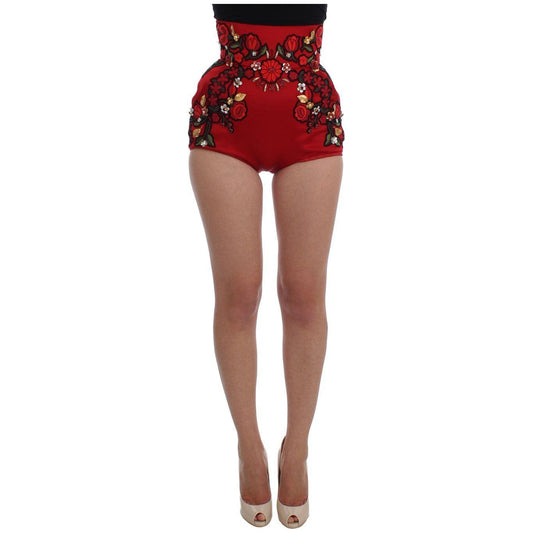 Dolce & Gabbana Red Silk Crystal Roses Shorts Dolce & Gabbana