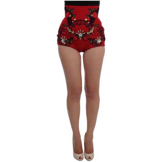 Dolce & Gabbana Red Silk Crystal Roses Shorts Dolce & Gabbana