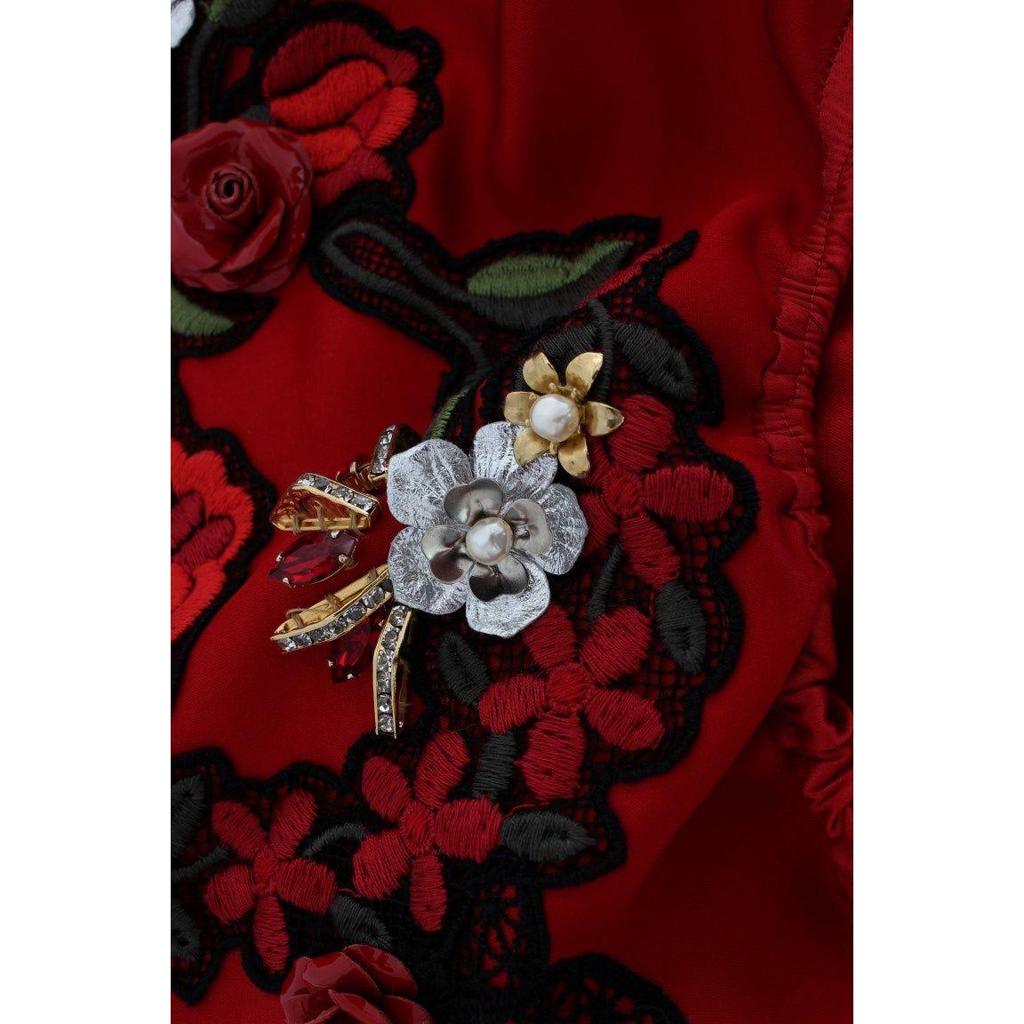 Dolce & Gabbana Red Silk Crystal Roses Shorts