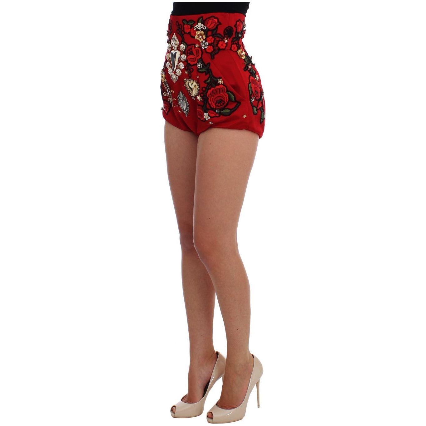 Dolce & Gabbana Red Silk Crystal-Embellished Mini Shorts Dolce & Gabbana