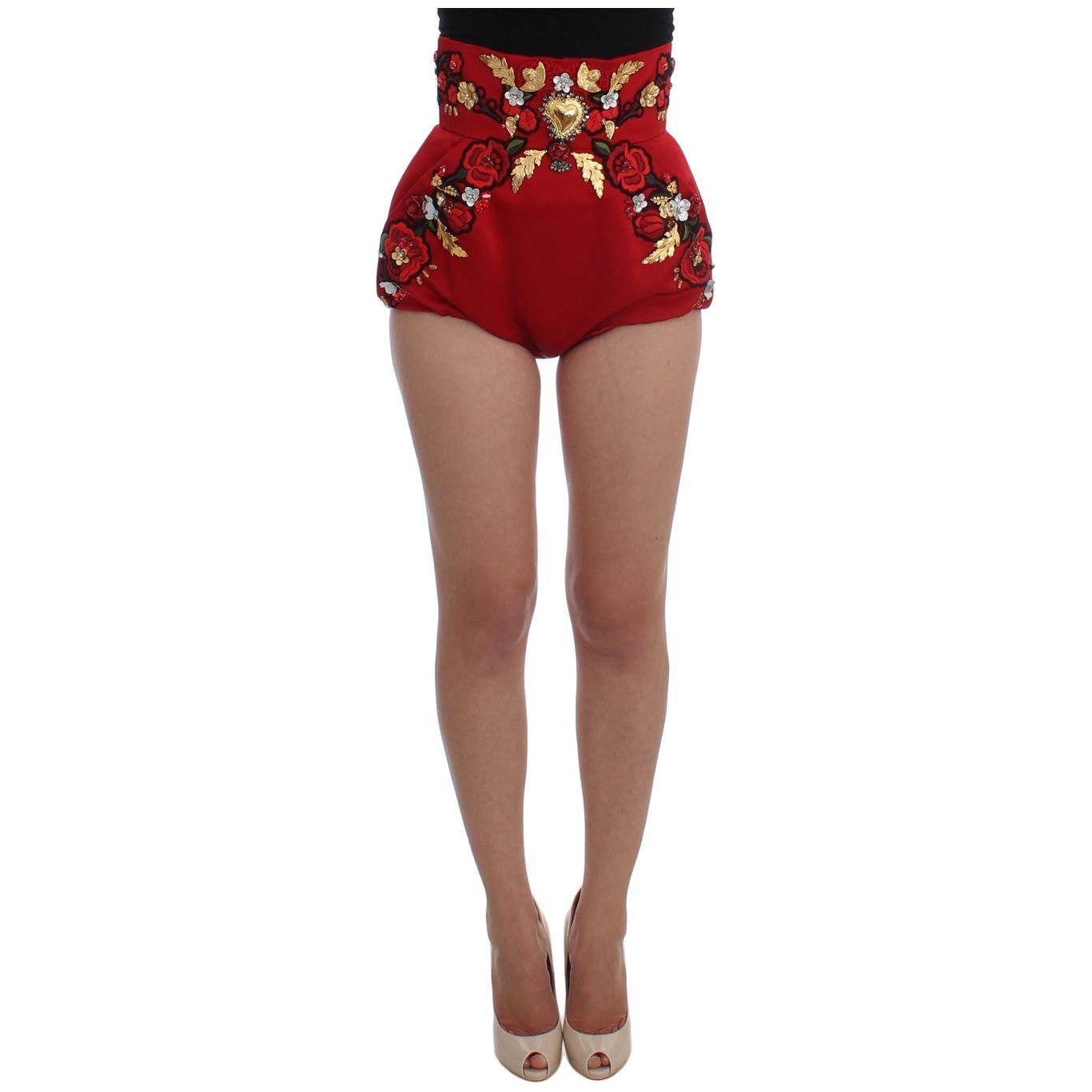 Dolce & Gabbana Red Silk Crystal Roses Shorts Dolce & Gabbana