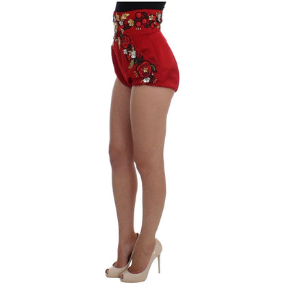 Dolce & Gabbana Red Silk Crystal Roses Shorts Dolce & Gabbana