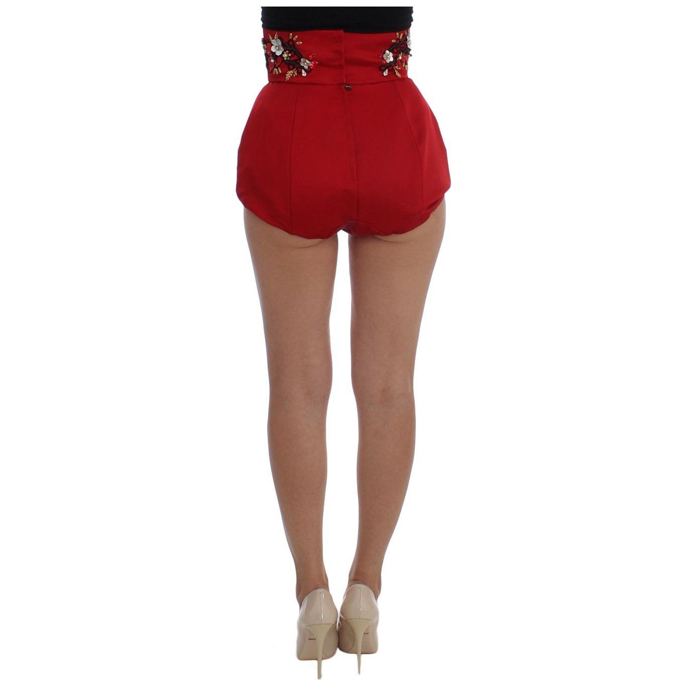 Dolce & Gabbana Red Silk Crystal Roses Shorts Dolce & Gabbana
