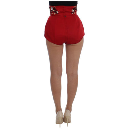 Dolce & Gabbana Red Silk Crystal Roses Shorts Dolce & Gabbana