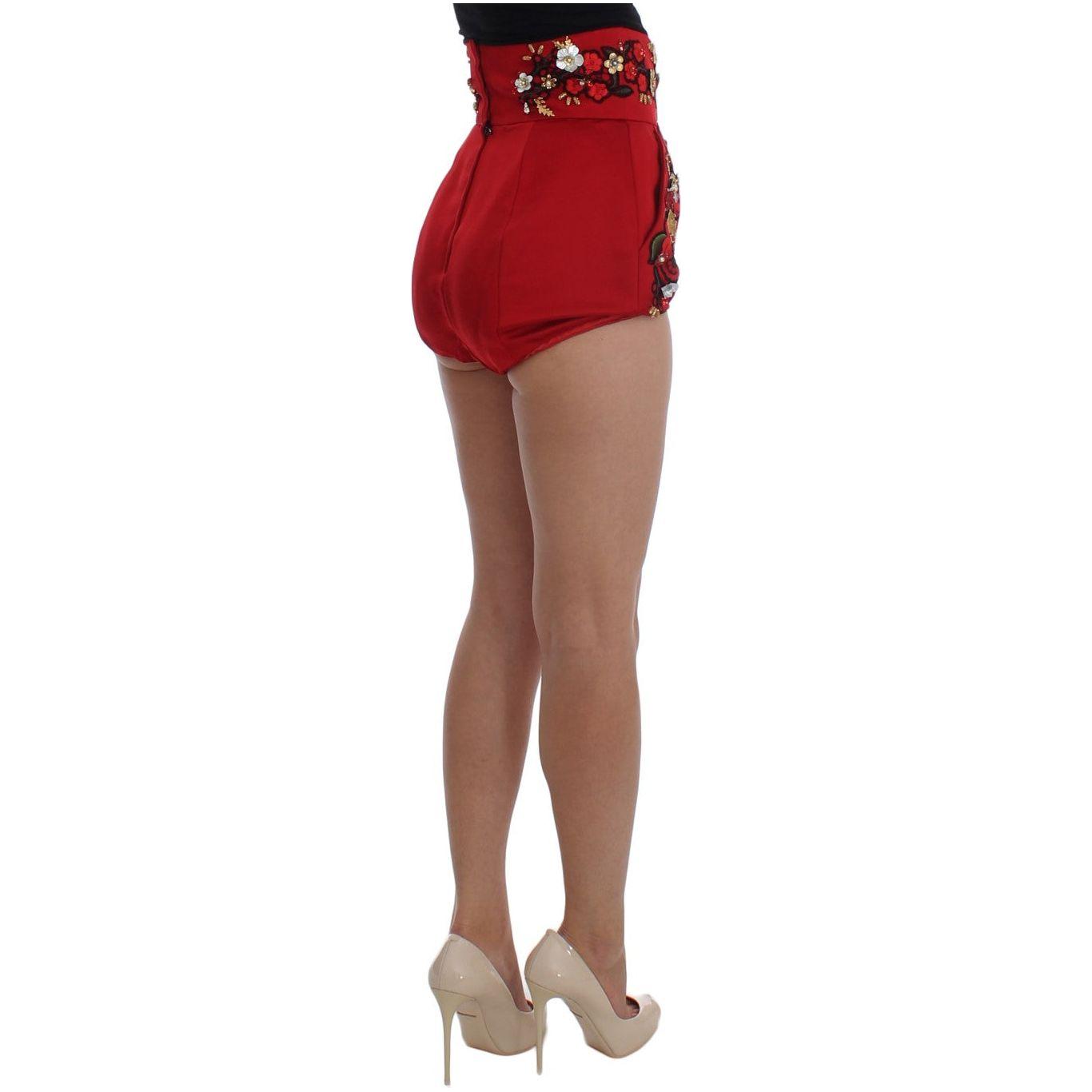 Dolce & Gabbana Red Silk Crystal Roses Shorts Dolce & Gabbana