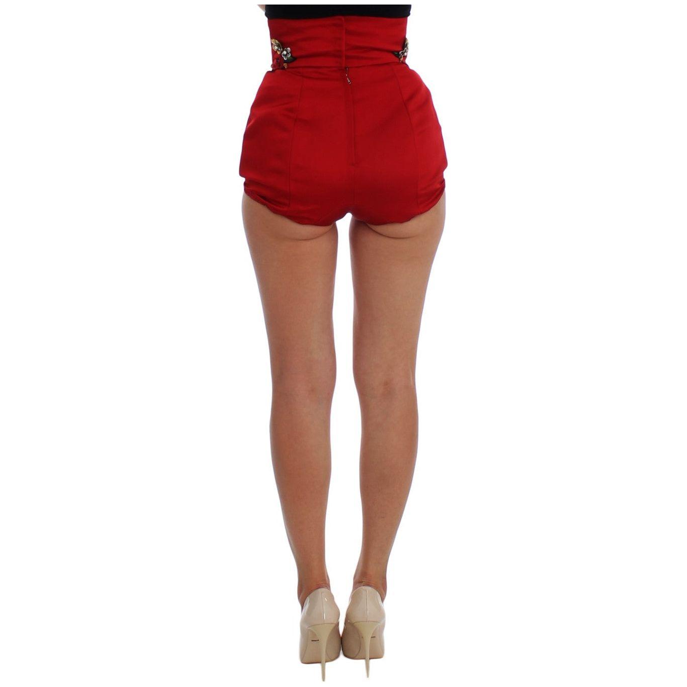 Dolce & Gabbana Red Silk Crystal Roses Shorts Dolce & Gabbana