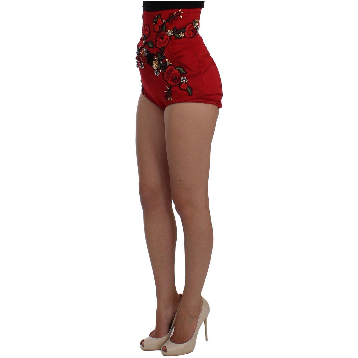 Dolce & Gabbana Red Silk Crystal Roses Shorts Dolce & Gabbana